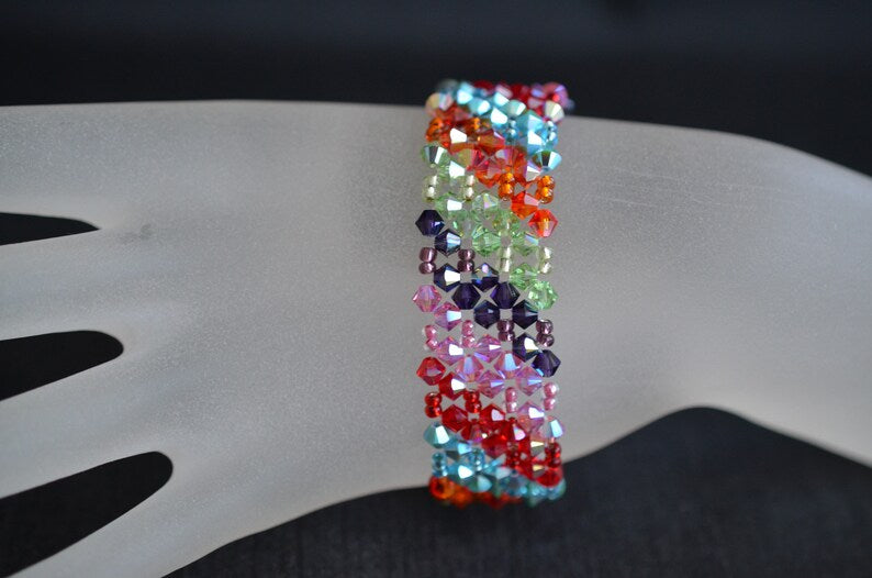 Bracelet cristal, manchette, arc-en-ciel, multicolore