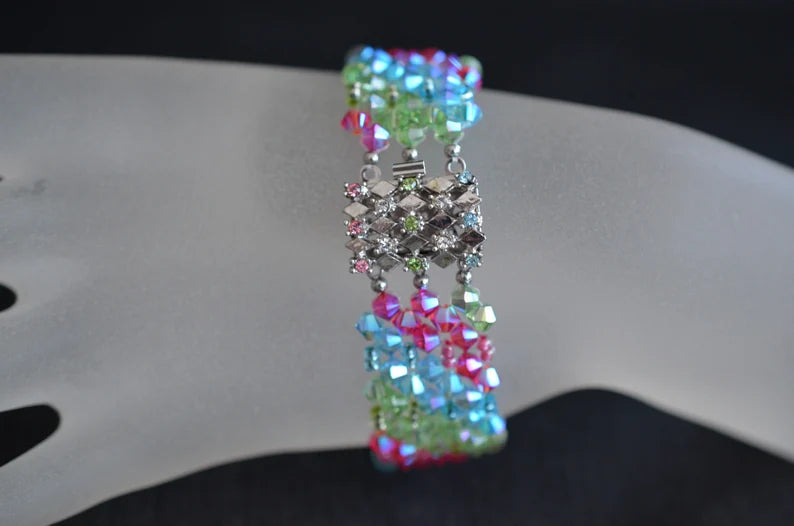 Crystal bracelet, cuff, multicolor, rainbow