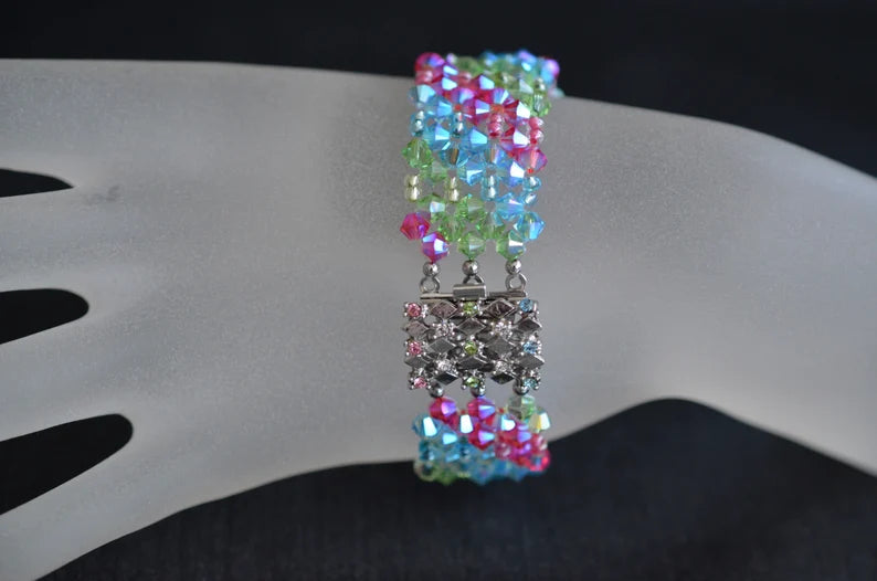 Crystal bracelet, cuff, multicolor, rainbow