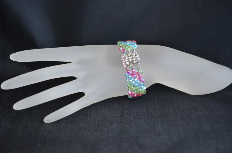 Bracelet cristal, manchette, multicolore, arc-en-ciel