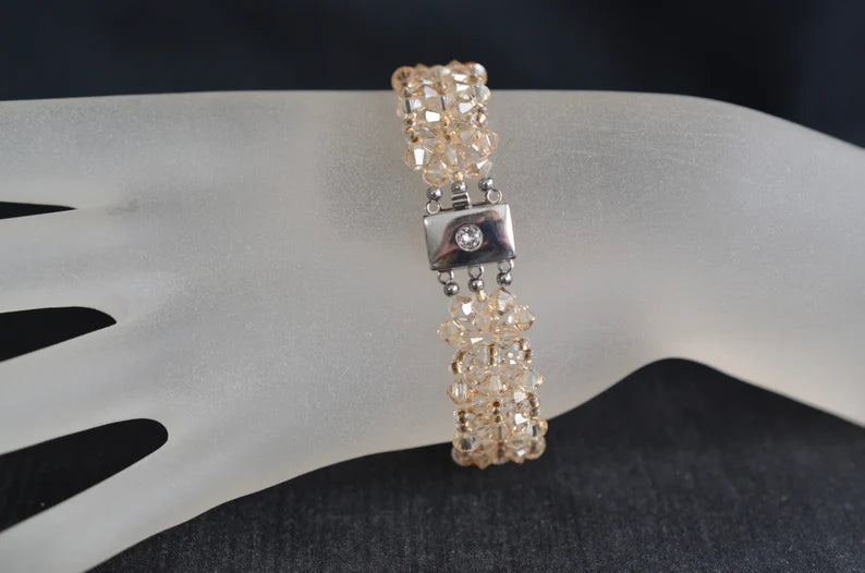 Crystal bracelet, cuff, golden shadow crystal, beige