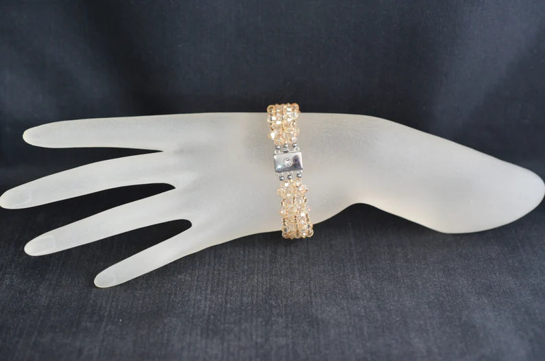 Crystal bracelet, cuff, golden shadow crystal, beige