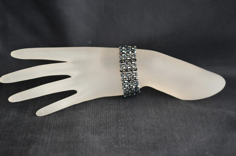 Crystal bracelet, 2x hematite, rhinestone clasp