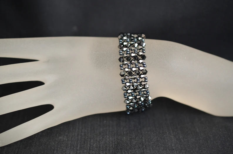 Bracelet cristal, hématite 2x, fermoir strass