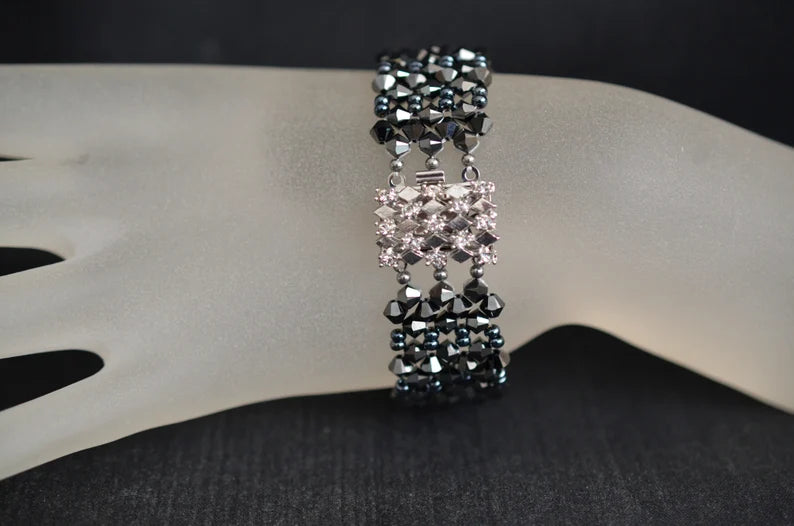 Crystal bracelet, 2x hematite, rhinestone clasp