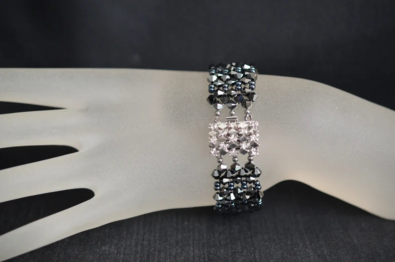 Crystal bracelet, 2x hematite, rhinestone clasp