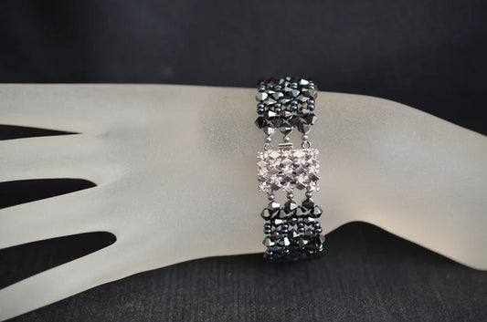 Bracelet cristal, hématite 2x, fermoir strass