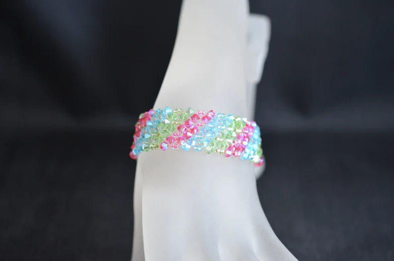 Bracelet cristal, manchette, multicolore, arc-en-ciel