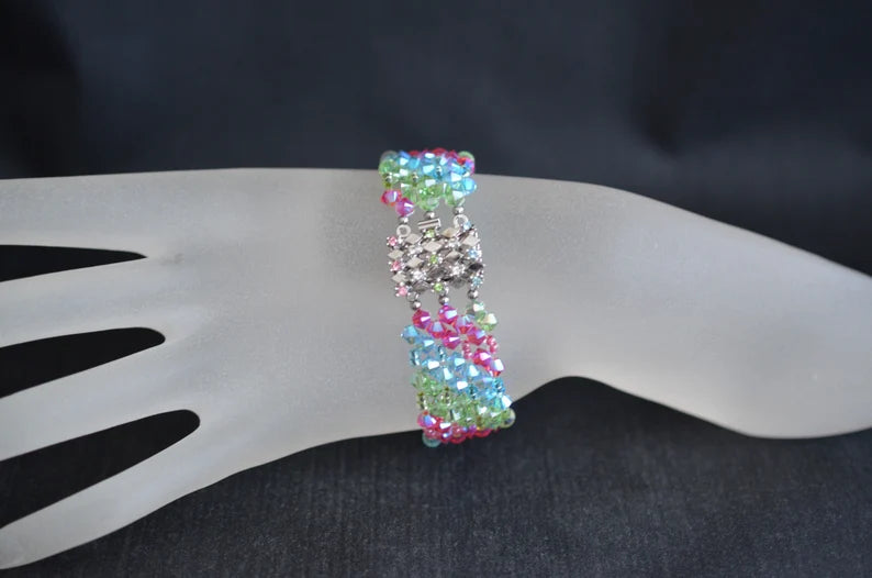 Bracelet cristal, manchette, multicolore, arc-en-ciel