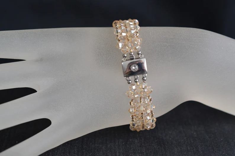 Crystal bracelet, cuff, golden shadow crystal, beige