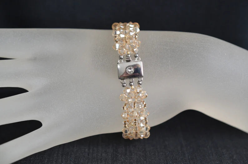 Crystal bracelet, cuff, golden shadow crystal, beige