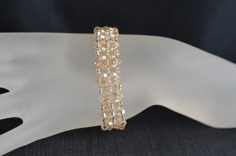 Crystal bracelet, cuff, golden shadow crystal, beige