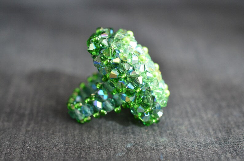 Crystal ring, women's jewelry, elongated hedgehog, shade of 4 greens, luxury