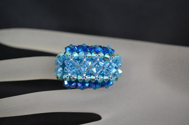 Crystal ring, women's jewelry, elongated hedgehog, shade of 4 blues, luxury