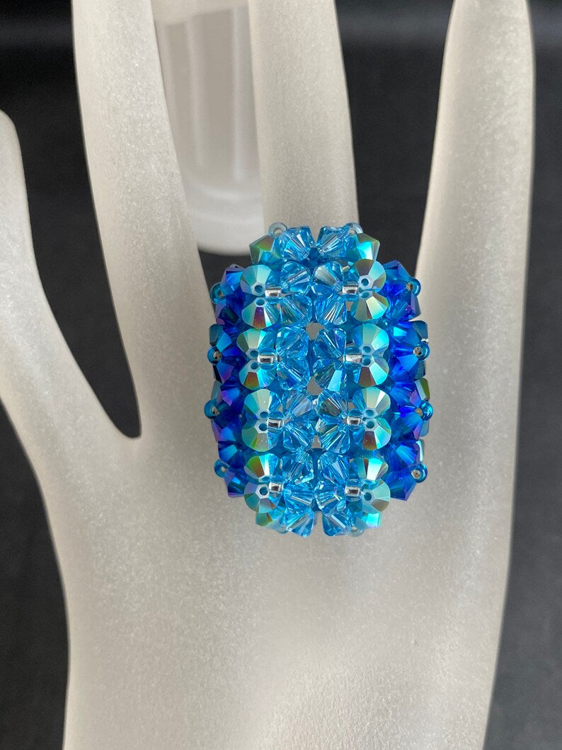 Crystal ring, women's jewelry, elongated hedgehog, shade of 4 blues, luxury