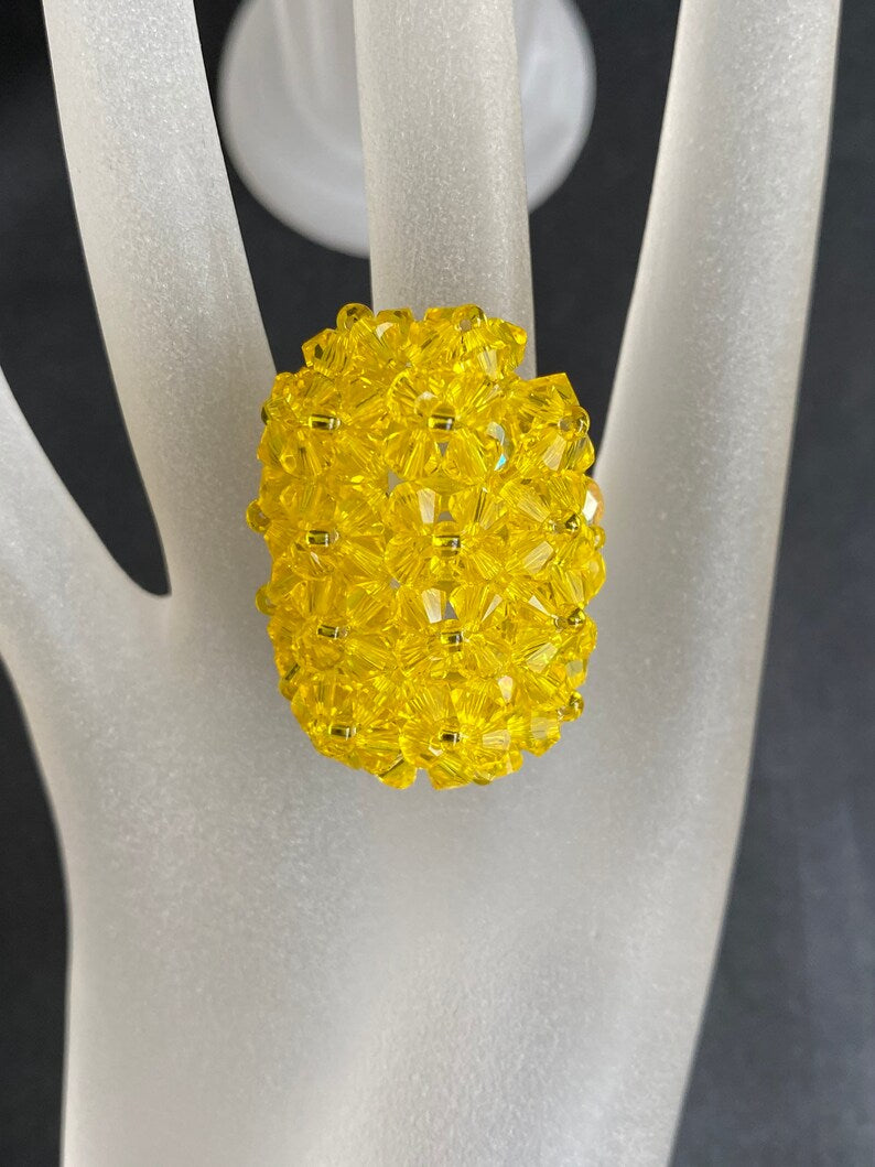 Crystal ring, women's jewelry, elongated hedgehog, citrine, luxury