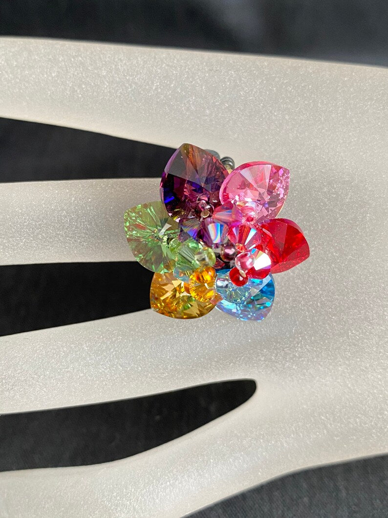 Crystal ring, women's jewelry, flower, luxury accessory, "rainbow"