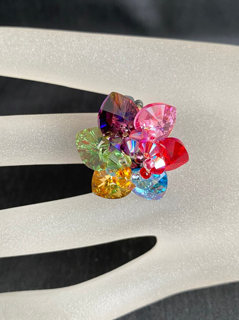 Crystal ring, women's jewelry, flower, luxury accessory, "rainbow"