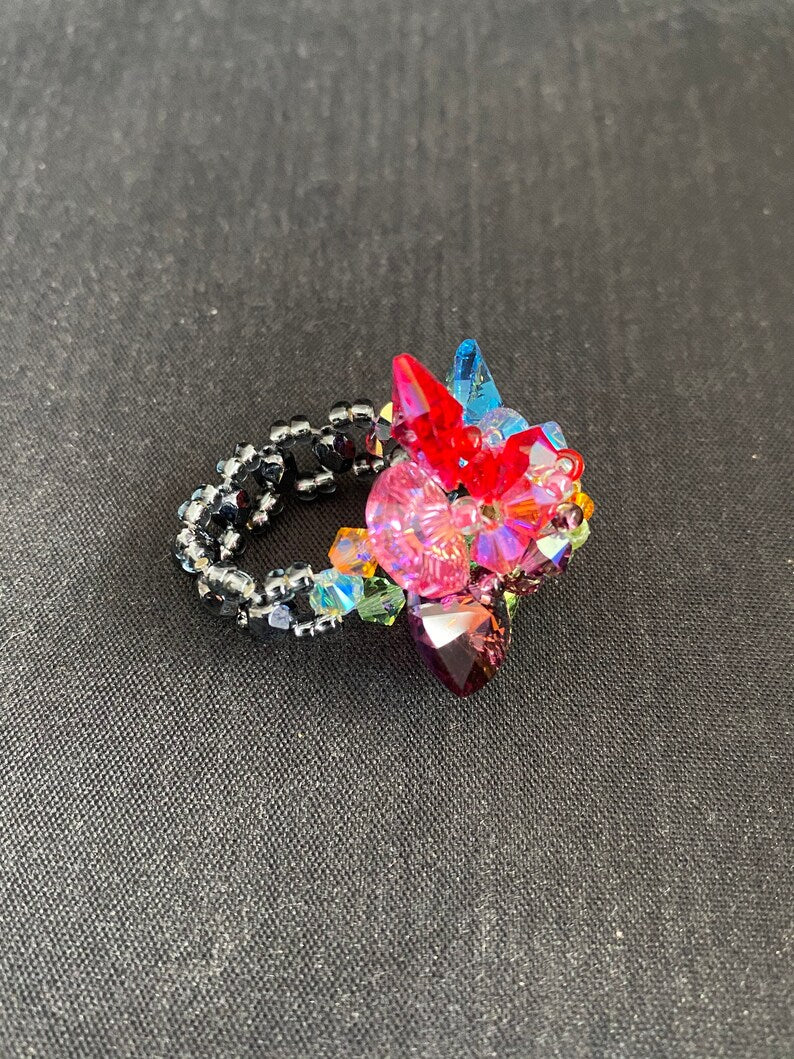 Crystal ring, women's jewelry, flower, luxury accessory, "rainbow"