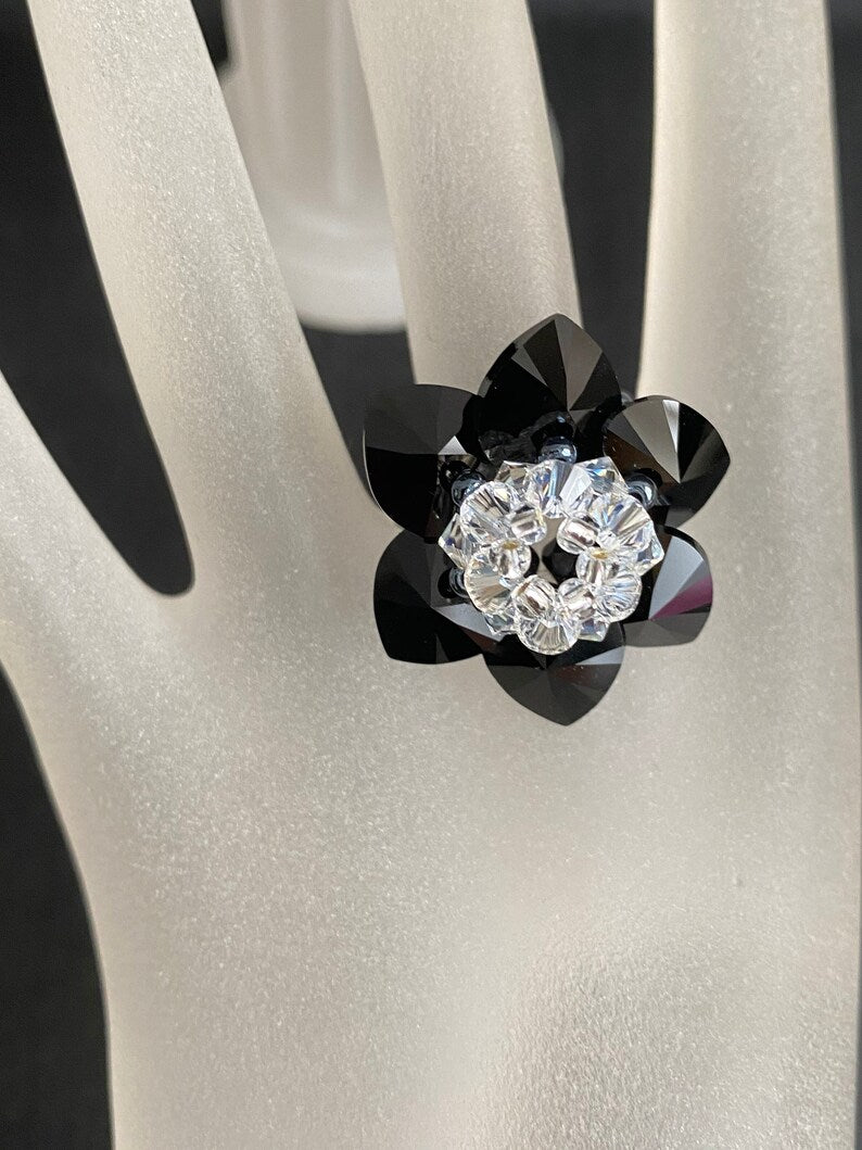 Crystal ring, flower, jet, crystal moonlight