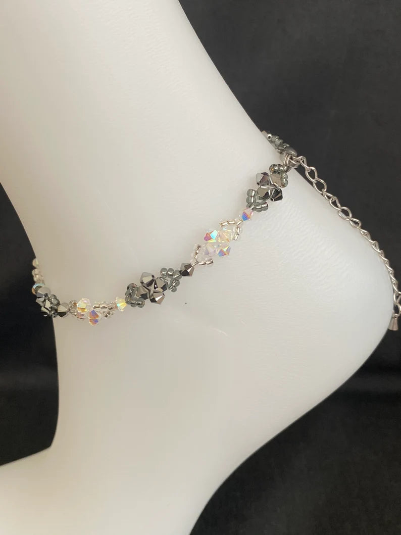 Bracelet de cheville en cristal, cristal ab2x, light chrome 2x, blanc et argent