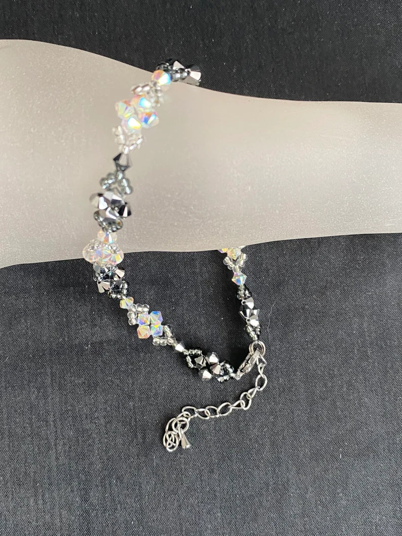 Bracelet de cheville en cristal, cristal ab2x, light chrome 2x, blanc et argent