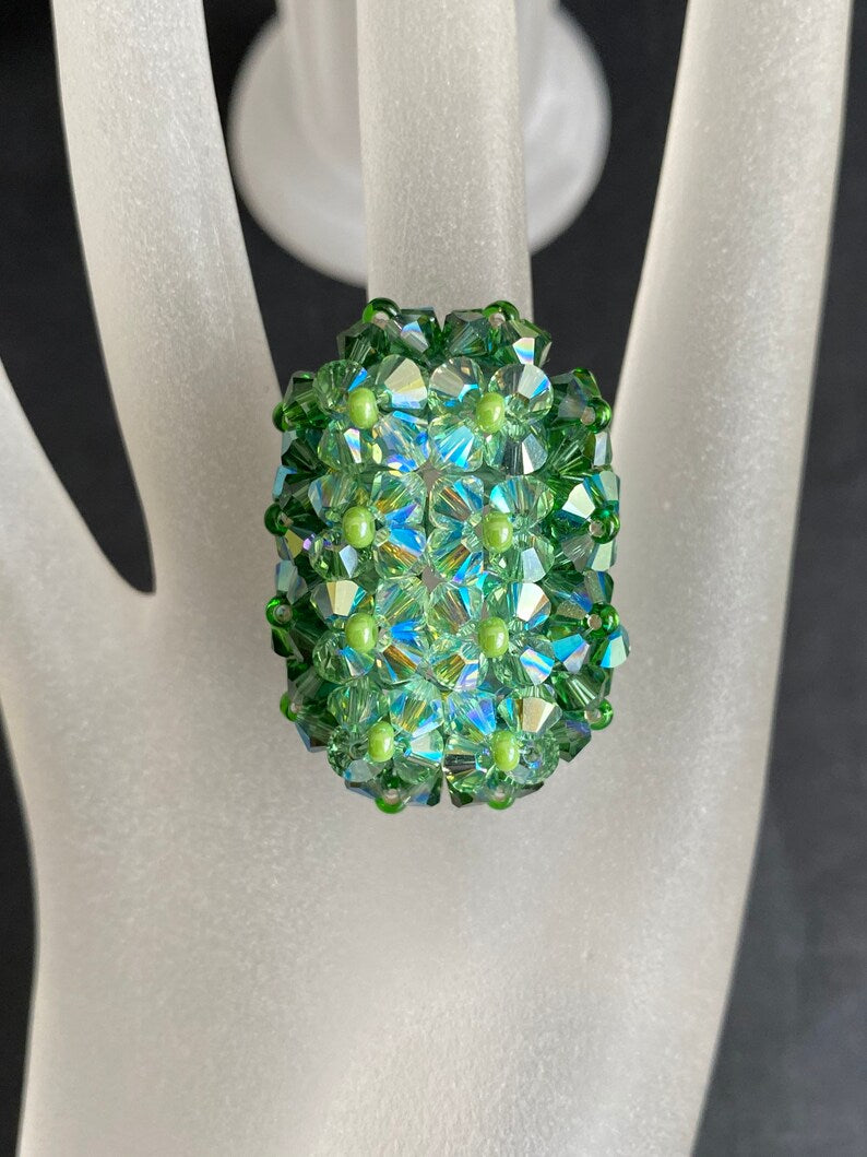 Crystal ring, women's jewelry, elongated hedgehog, shade of 4 greens, luxury