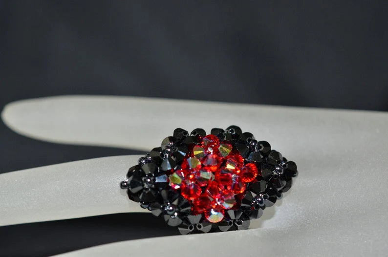 Crystal ring, 2x hematite, light siam ab, marquise style