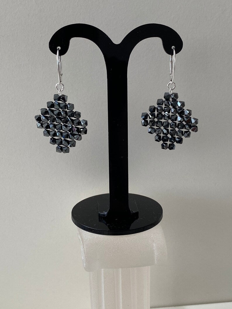 Crystal earrings, 925 silver, diamond, hematite 2x