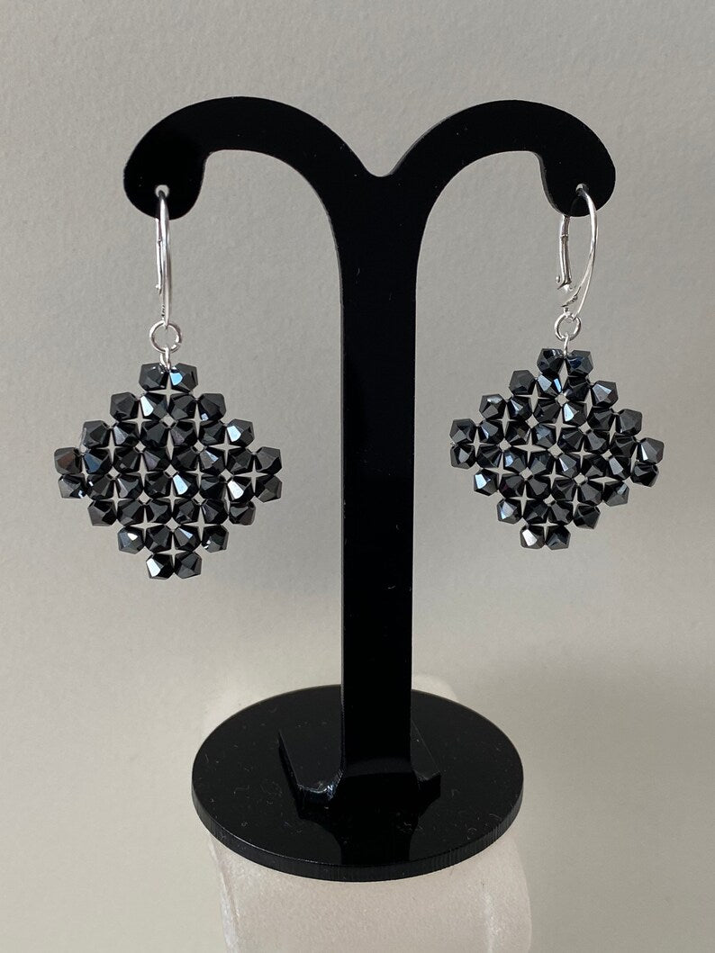 Crystal earrings, 925 silver, diamond, hematite 2x