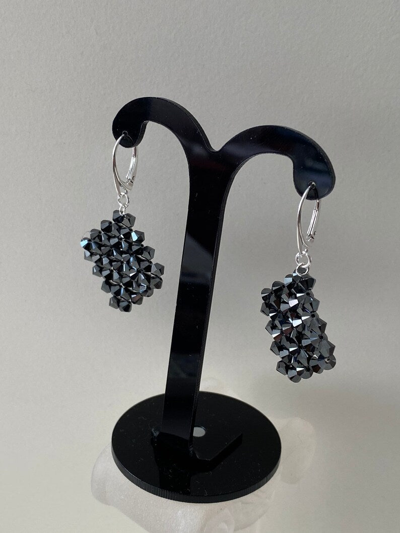 Crystal earrings, 925 silver, diamond, hematite 2x